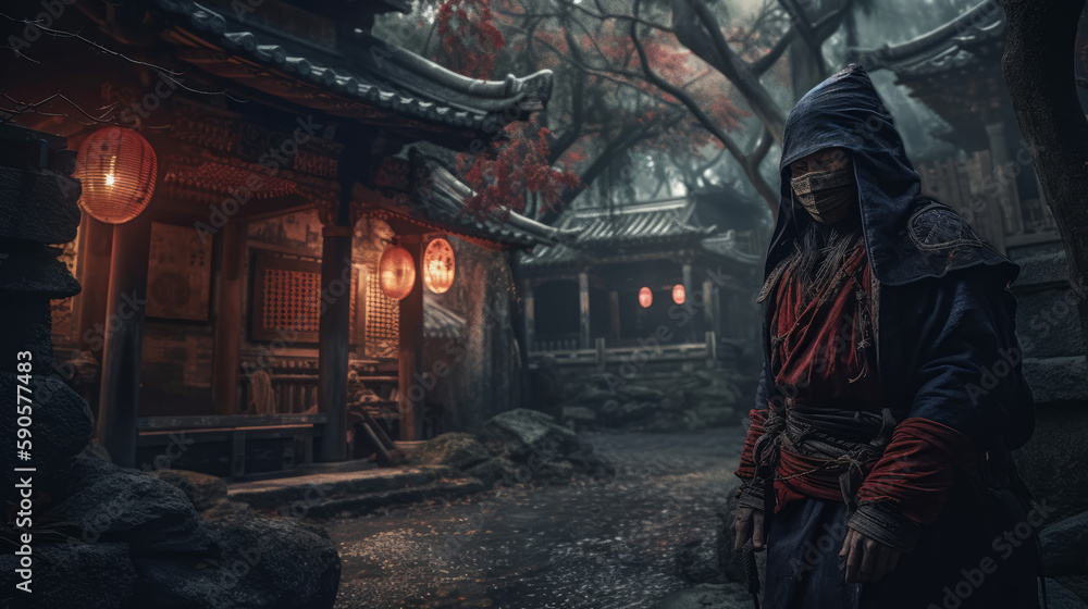 Assassin in dark with lanterns in background in fantasy mood, generative ai