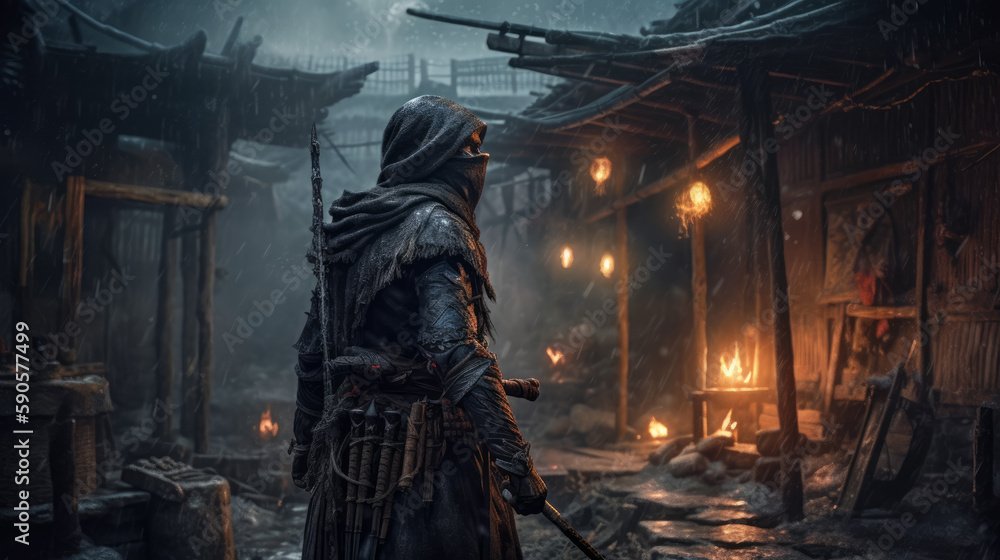 Assassin in dark with lanterns in background in fantasy mood, generative ai