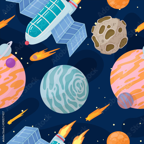 UFOs, spaceships, rockets. Solar system, intergalactic travel. Galaxies, planets, asteroids, comets, shooting stars. Vector illustration in cartoon style on a white background.