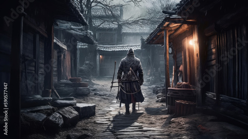 Assassin in dark with lanterns in background in fantasy mood, generative ai © TheGoldTiger