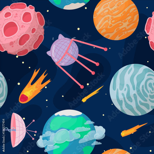 UFOs, spaceships, rockets. Solar system, intergalactic travel. Galaxies, planets, asteroids, comets, shooting stars. Vector illustration in cartoon style on a white background.