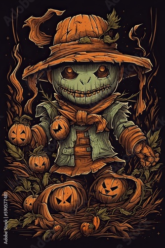 cute cartoon scarecrow Halloween. Illustration of a Scarecrow. can be used for t-shirt graphics, print. Vector illustration. Generative Ai.