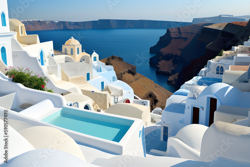 View to the sea from Oia the most beautiful village of Santorini island in Greece © Floor