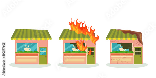 A destroyed building after a fire or an earthquake. Ruined city buildings after the war. Damaged city with old broken dilapidated housing. Vector illustration isolated on white background.