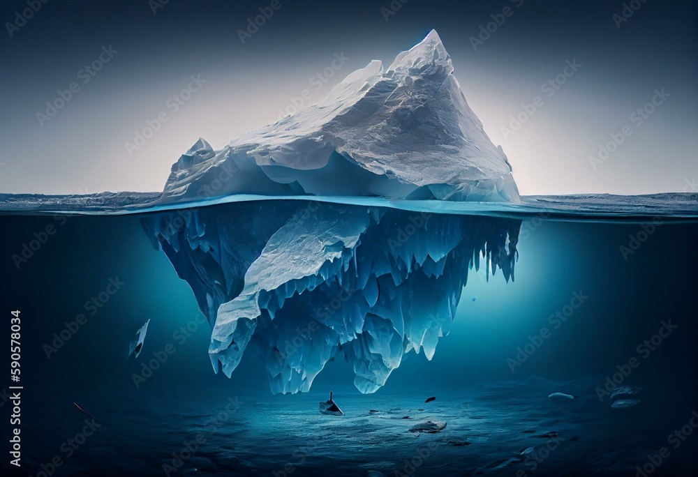A floating arctic iceberg conceals dangers below in blue waters. Climate change, global warming