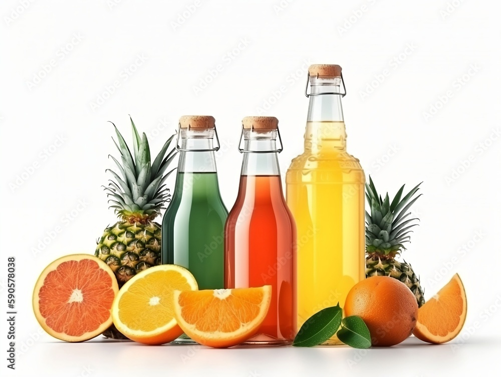 Fruit juices various flavors in glass bottles decorated with fresh fruits on isolated white background, ai generated Fruit juices various flavors in glass bottles decorated with fresh fruits on isolated white background, ai generated