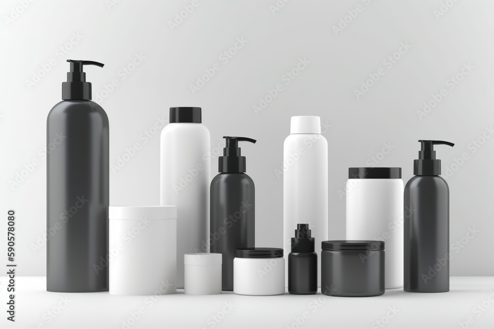 Skin care line in white, with black caps and black bottle caps, no brand labels, clean material Generative AI