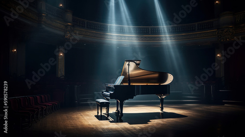 Concert hall with piano on tage with light ray and no peaople, generative ai