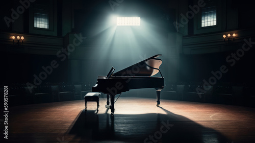 Fototapeta Concert hall with piano on tage with light ray and no peaople, generative ai
