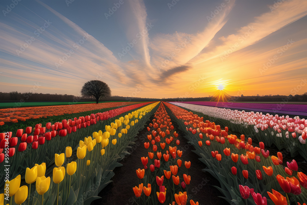 Colorful tulips against a blue and orange sunset sky