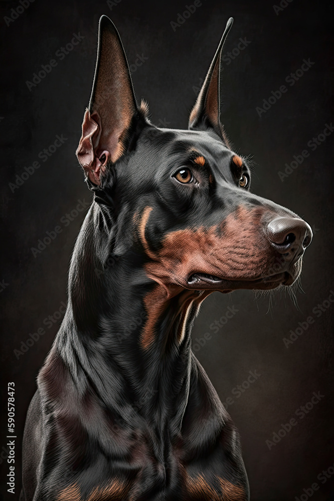 Generative AI illustration studio portrait style image of Doberman pedigree dog breed