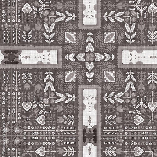 Country cottage grey intricate damask seamless pattern. 2 Tone french style background. Simple rustic fabric textile for shabby chic patchwork. 