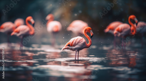 Pink flamingos in water in blue and orange colors  generative ai