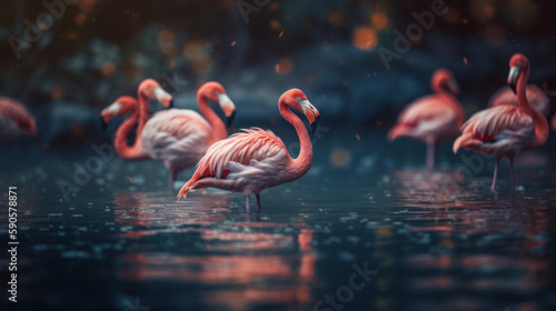 Pink flamingos in water in blue and orange colors, generative ai © TheGoldTiger