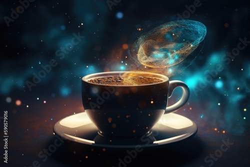 steaming cup of coffee on a saucer with a patterned background. Generative AI
