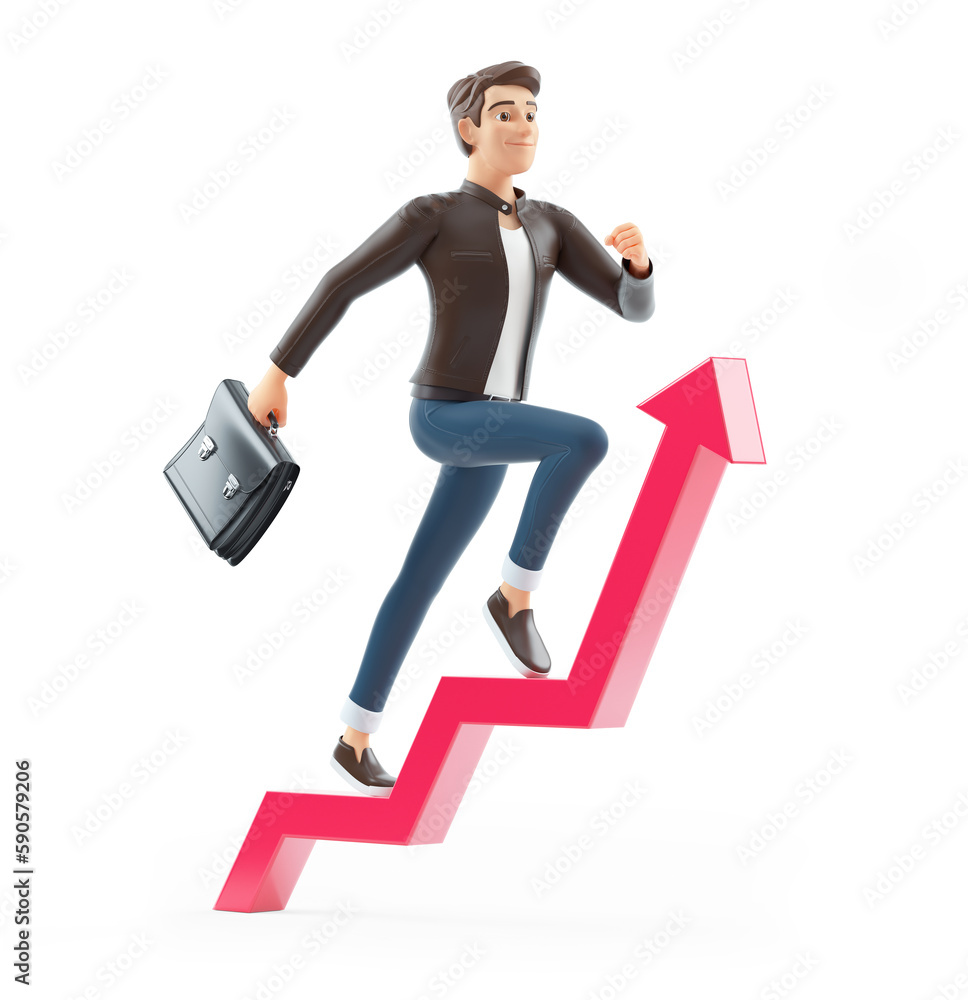 3d cartoon man with briefcase running on growing arrow 3d cartoon man with briefcase running on growing arrow