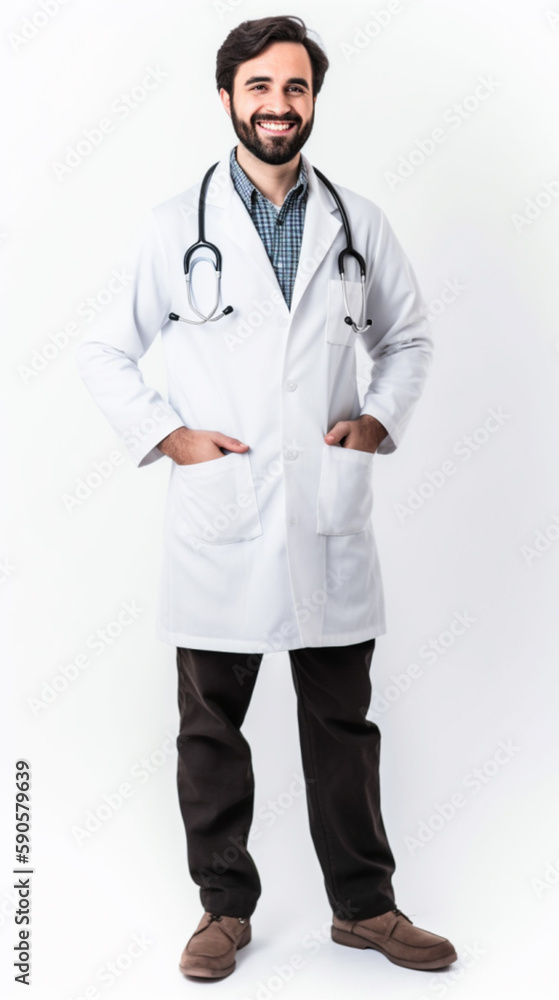 full body shot young male doctor wearing medical robe and stethoscope on isolated white background. Generated AI full body shot young male doctor wearing medical robe and stethoscope on isolated white background. Generated AI