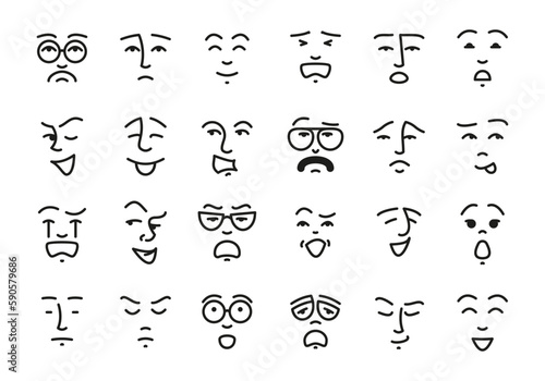 Doodle emoticons. Cute characters with funny faces of a wide range of emotions in messaging and social media, happiness sadness and anger. Playful vector set. Smiling, crying person, comic caricature