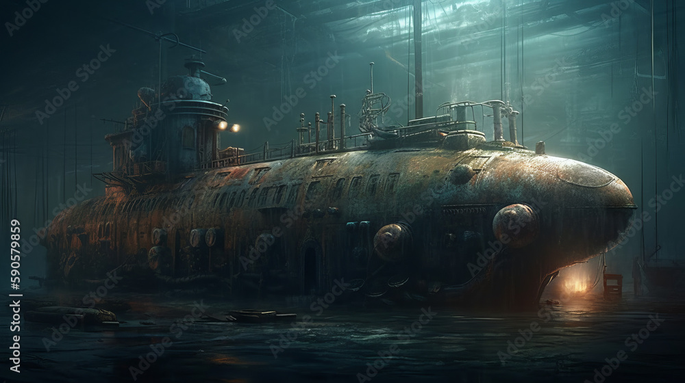 Rustic submarine underwater in dock, generative ai Rustic submarine underwater in dock, generative ai