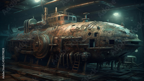 Rustic submarine underwater in dock, generative ai