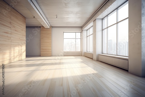 an empty room with wooden floors and large windows. Generative AI