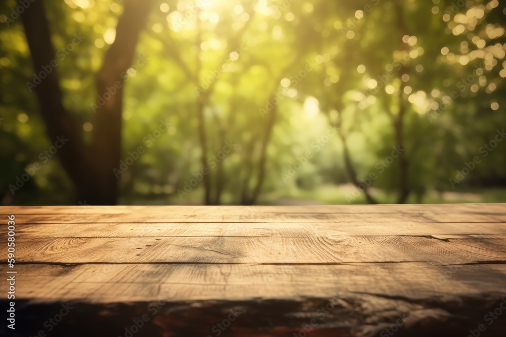 Wooden Table Set Against a Beautiful Forest Landscape. Generative AI