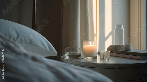 White candle in glass on bedside table in minimalistic room  generative ai