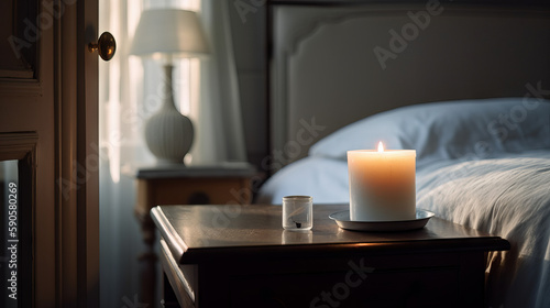 White candle in glass on bedside table in minimalistic room, generative ai