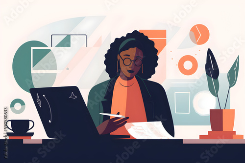 Flat vector illustration Accountant, black woman working on laptop making documents, taxes, exchange, bookkeeping and financial advisor concept