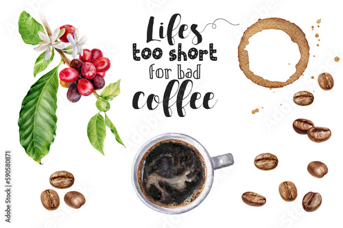 Watercolor illustration of coffee and desserts close up.  A hand-drawn set of drinks, coffee and desserts. Design template for packaging, menu, postcards