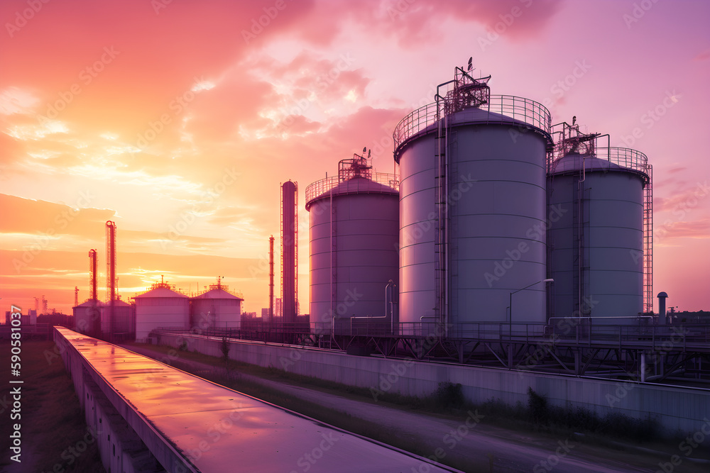 Silos for storing grain and cereals at sunset. Industrial background. Generative AI