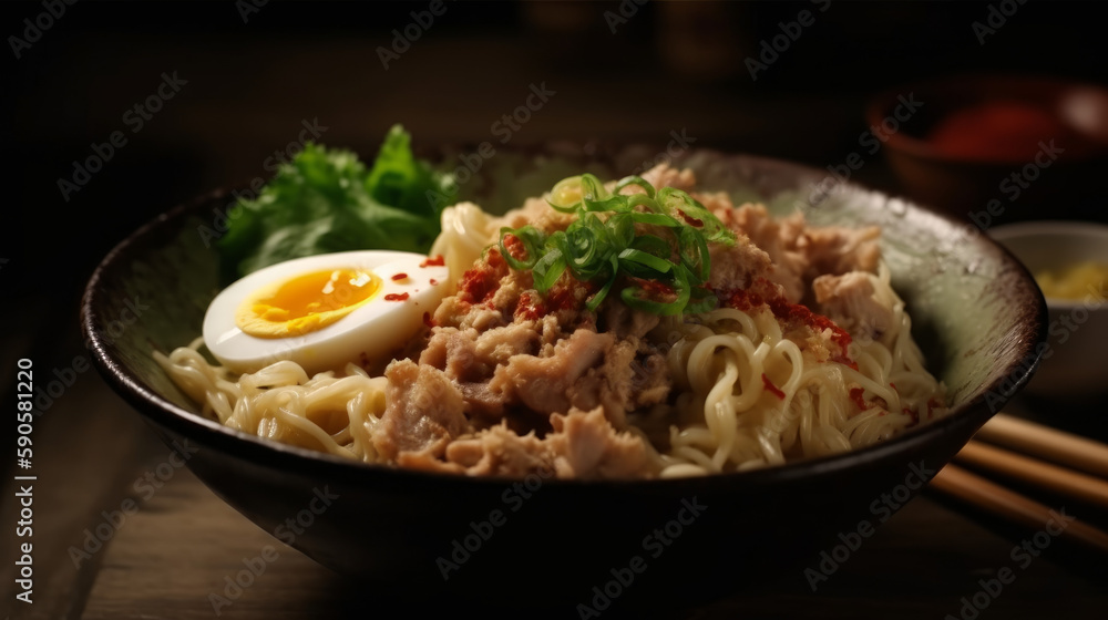 A delicous bowl of noodles with pork stripes and pasta, generative ai