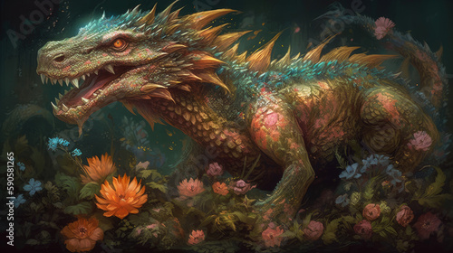 A dragon with eyes and head on a lot of flowers, generative ai © TheGoldTiger