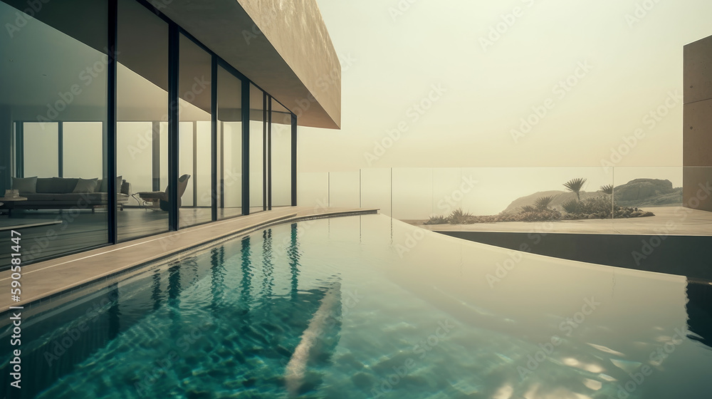 Pool full of water in futuristic building and big windows, generative ai Pool full of water in futuristic building and big windows, generative ai