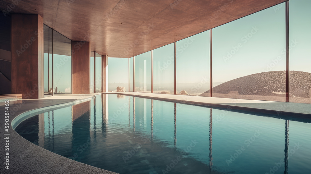 Pool full of water in futuristic building and big windows, generative ai