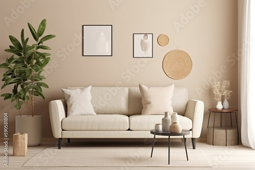 Cozy living room interior, stylish minimalist decor, Generative AI.