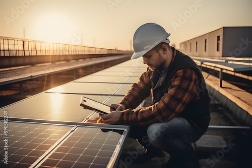 An young engineer is checking with tablet an operation of sun and cleanliness on field of photovoltaic solar panels on a sunset. Concept:renewable energy. Generative Ai.