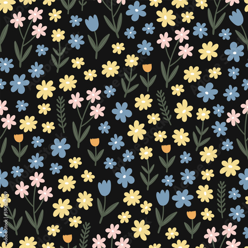 seamless pattern with cartoon flowers. colorful vector, hand drawing. design for fabric, print, textile, wrapper