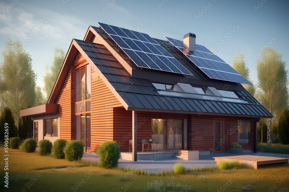 Modern house with solar photovoltaic panels on the roof. 3D rendering style of eco house concept. Generative Ai. Modern house with solar photovoltaic panels on the roof. 3D rendering style of eco house concept. Generative Ai.