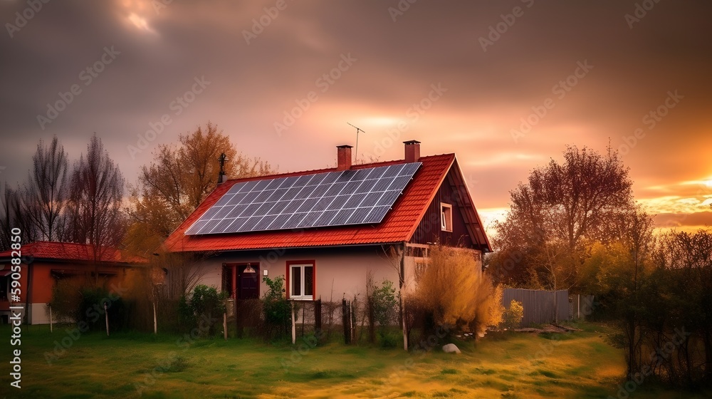 Solar panels, photovoltaics on the red roof of a house and a beautiful sky with the setting sun. Alternative electricity source. Concept of sustainable resources. Generative Ai.