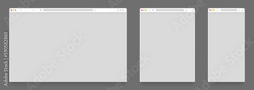 Browser mockups. Empty computer tablet and mobile web page templates, blank website frames on different devices. Vector browser window set. Various isolated gadgets as laptop, smartphone