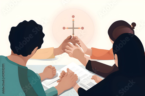 Flat vector illustration Hand in hand  family and group prayer  bible and support  and quality time  connection and gratitude. People  believers and communities are unite