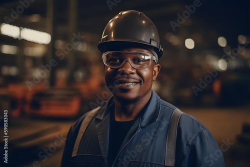 Happy Professional Heavy Industry Engineer Worker Wearing Uniform, Glasses Hard Hat in a Steel Factory. Smiling Specialist in a Metal Construction Manufacture. Generative ai.