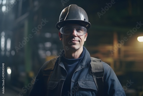 Portrait of Professional Heavy Industry Engineer / Worker Wearing Safety Uniform, Goggles and Hard Hat Smiling. Industrial Factory. Generative Ai. © ckybe