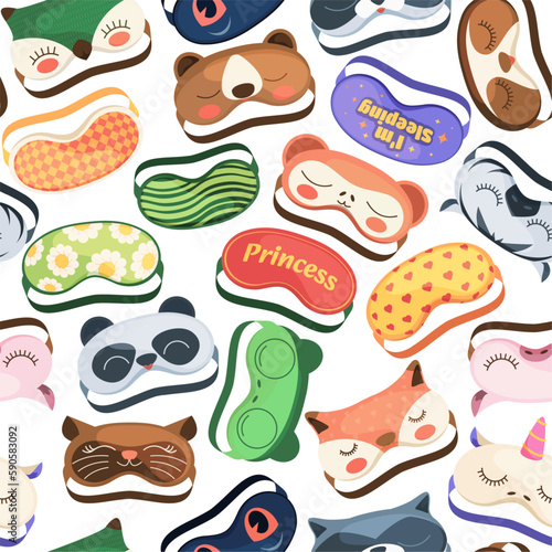 Sleeping mask pattern. Seamless print of bedclothes for baby face, children wallpaper for wrapping paper textile design. Vector texture. Sleepy animal faces as fox, bear, panda and zebra