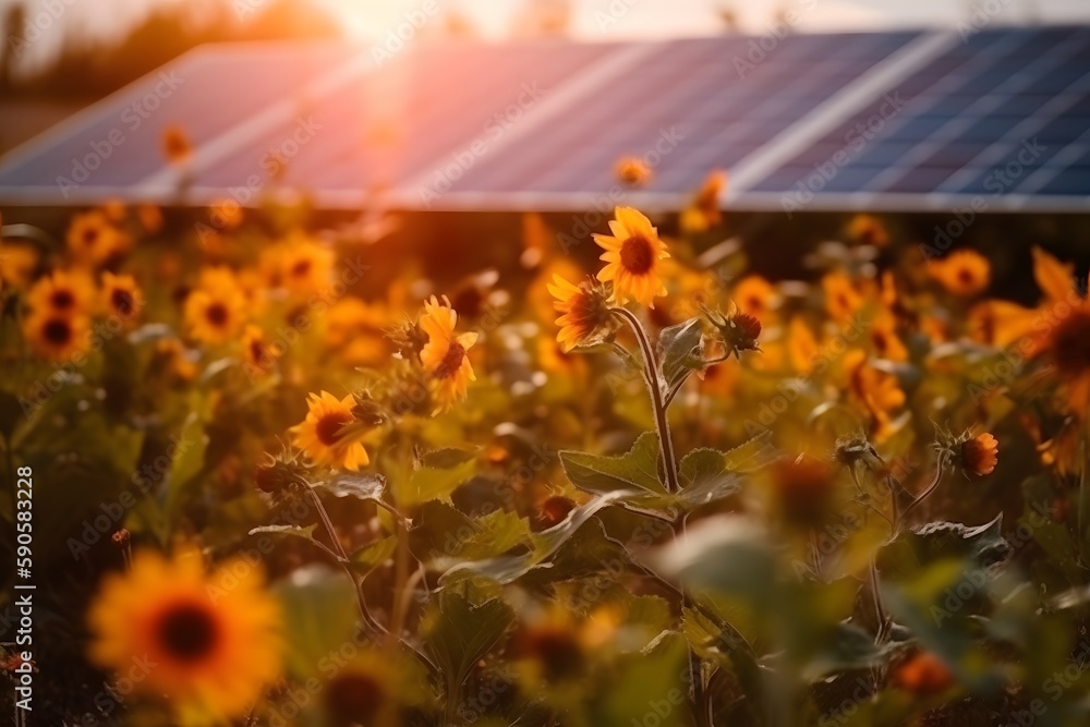 Solar panels under sunset summer sky on field of flowers. Generative Ai.