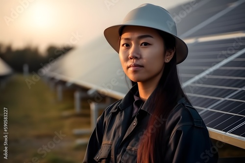 Portrait asian young beautiful woman in protective helmet. Female engineer with determination at the solar panel outdoors. Photovoltaic. With smile, copy space. Generative Ai.
