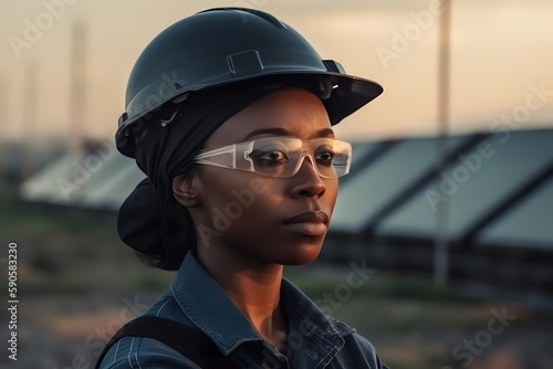 Portrait black young beautiful woman in protective helmet. Female engineer with determination at the solar panel outdoors. Photovoltaic. With smile, copy space. Generative Ai.