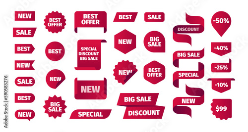 Red sale stickers. Discount label badges with ribbon, classic price off banner with text symbol badges. Vector promotional sticker set. Shopping tags of different shapes for retail business