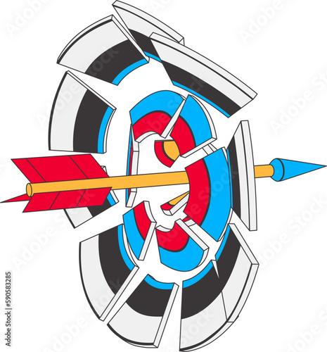 An arrow breaks target into pieces. The cartoon arrow flies through the target.
